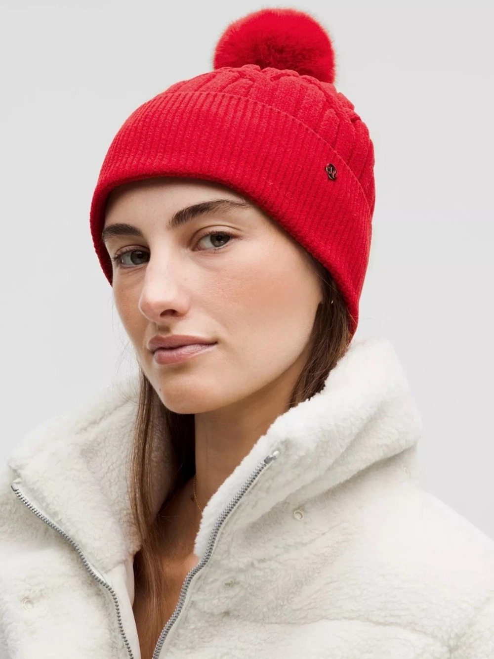 Lululemon NWT Cable Knit Red Pom-Pom Beanie dark red